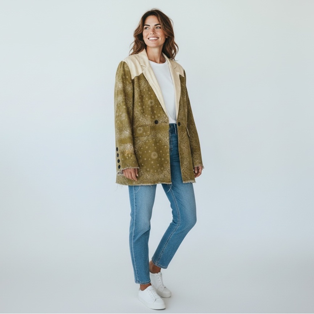 POL Olive Green Paisley Mixed Media Western Blazer Jacket Women’s Size L - Picture 3 of 15